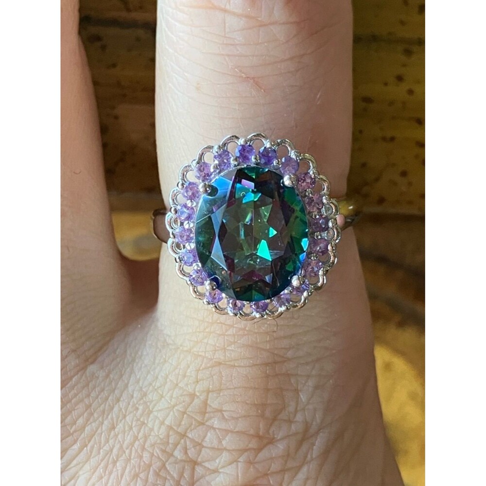Mystic Quartz African Amethyst Sterling Silver Cocktail Ring Size 7.75